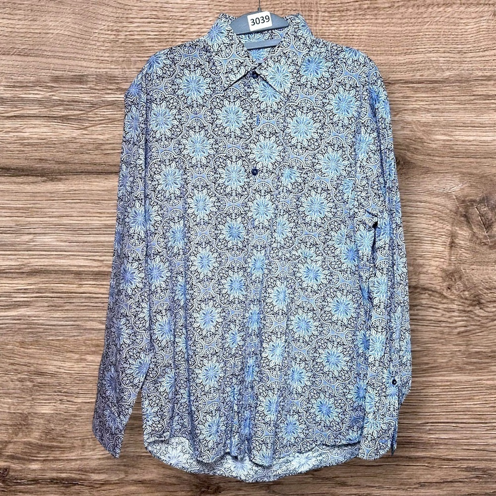 Alan Flusser shirt EUC Size Medium Floral Print Long Sleeves Blue 3629 MY